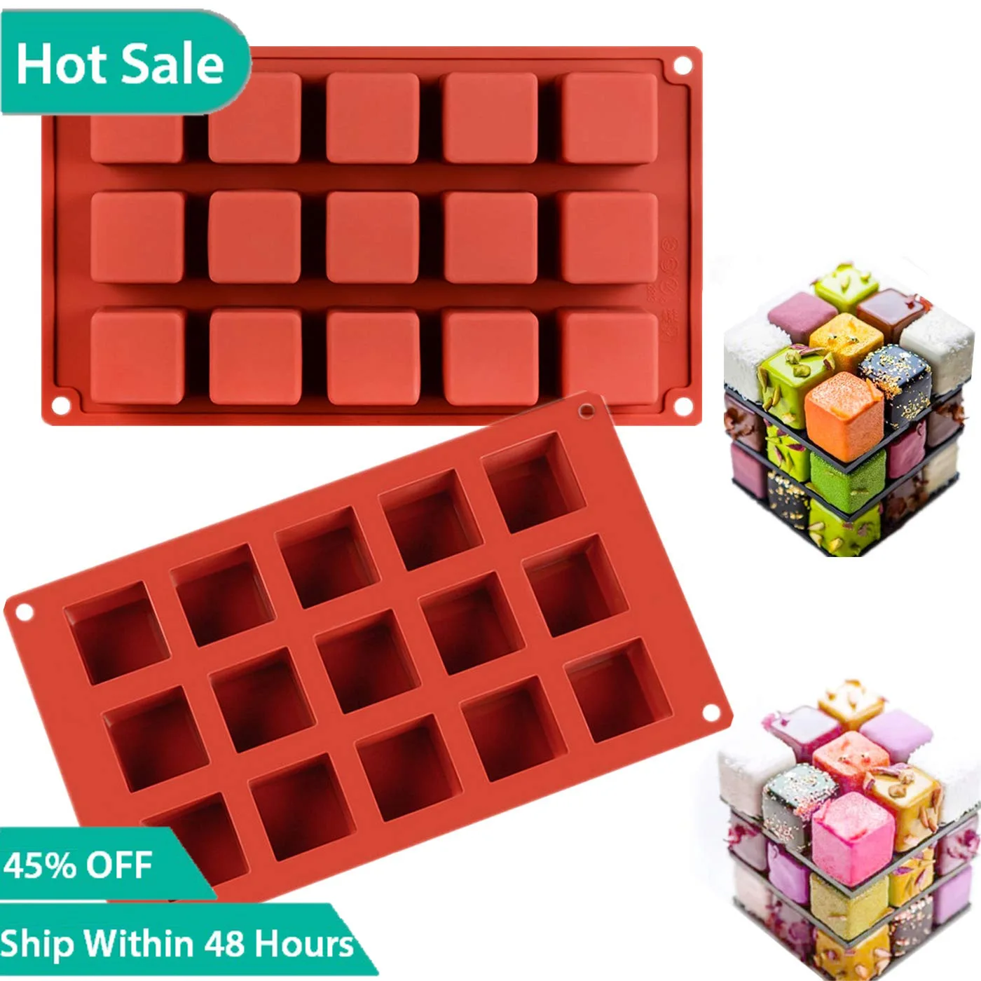 

3D Square Silicone Mold Square Mousse Cake Baking Mold Dessert Molds for Cheesecake/Jelly/Brownie/Soap/Candle (15-Cavity)