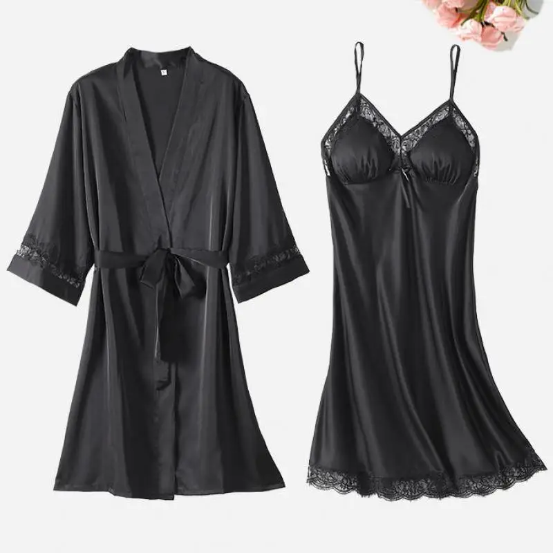 

Spring Summer New Homewear Casual 2PCS Kimono Bathrobe Gown Satin Intimate Lingerie Women Wedidng Robe Set SEXY Sleep Set
