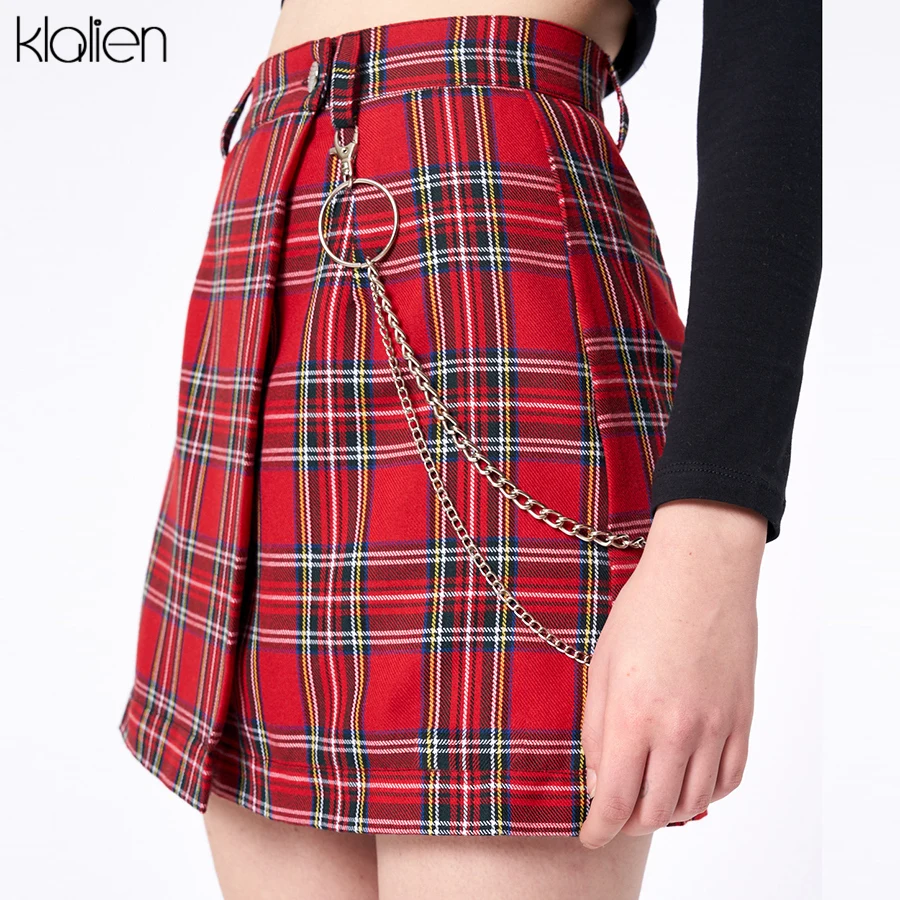 KLALIEN spring Vintage red Plaid mini skirts Women 2019 summer fashion office lady club party casual short pleated mujer | Женская