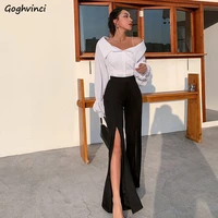 pants women office lady sexy double high slit flare high waist trousers casual summer fashion korean style solid loose all match