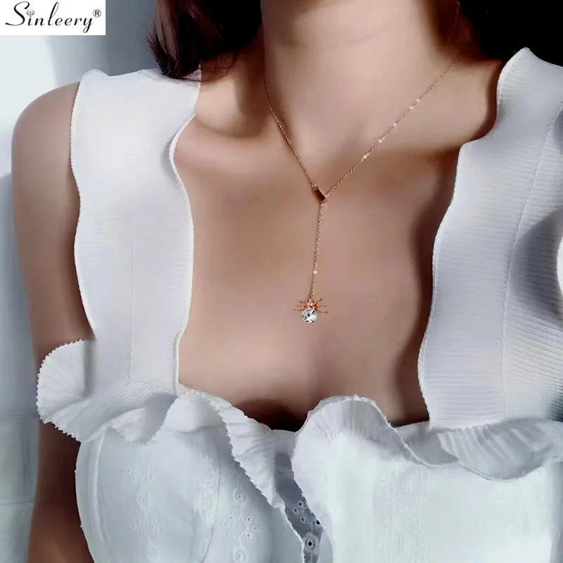 SINLEERY Cute Spider Pendant Necklace Rose Gold Color Chian Round Clear Cubic Zirconia Choker Necklace Women Jewelry XL045 SSC
