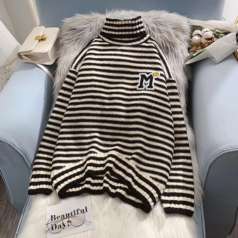 

EBAIHUI Woman Striped Sweaters Turtleneck Pullover M Letter Applique Knitted Jumper Korean Fashion Casual Loose Winter Sweaters