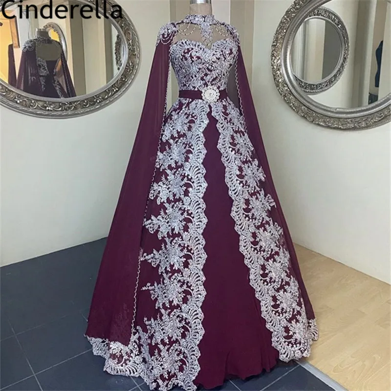 

Luxury Prom Dresses Sweetheart Floor Length A-Line Chiffon Crystal Beaded Lace Prom Dresses With Cap vestidos de fiesta de noche