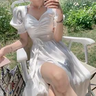 Элегантное летнее платье с пышными рукавами, женское французское сексуальное праздничное платье с V-образным вырезом, Y2K, Винтажные белые платья миди с открытой спиной в стиле бохо