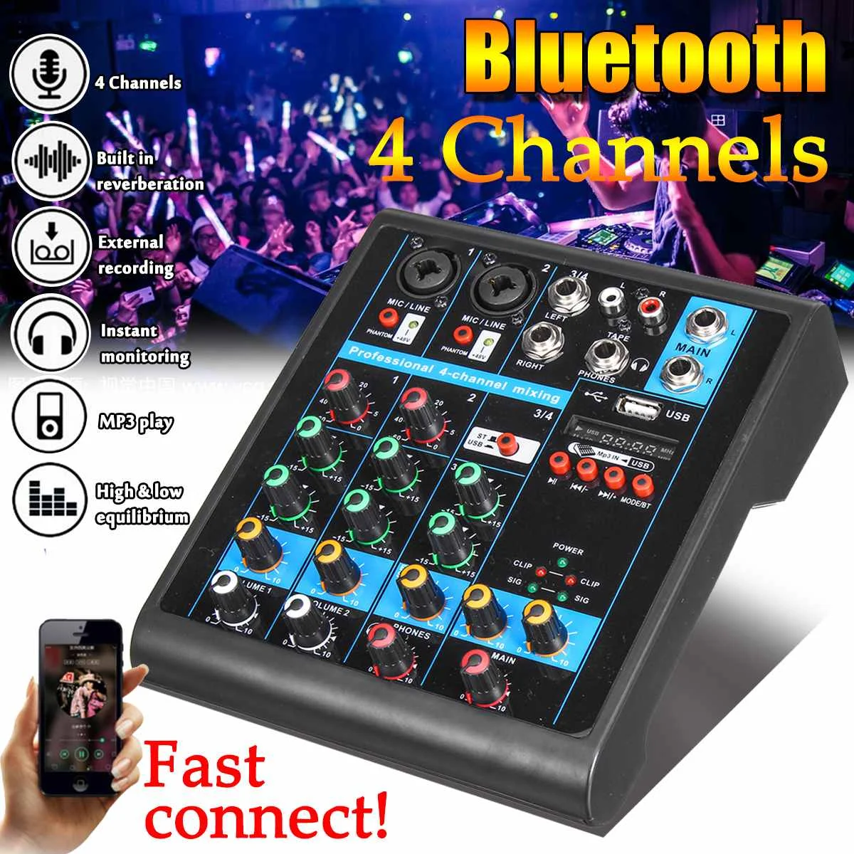 Мини 4 канала аудио микшер USB bluetooth MP3 Live Studio DJ звук микшерный пульт караоке компьютер 48 В фантомное питание для KTV