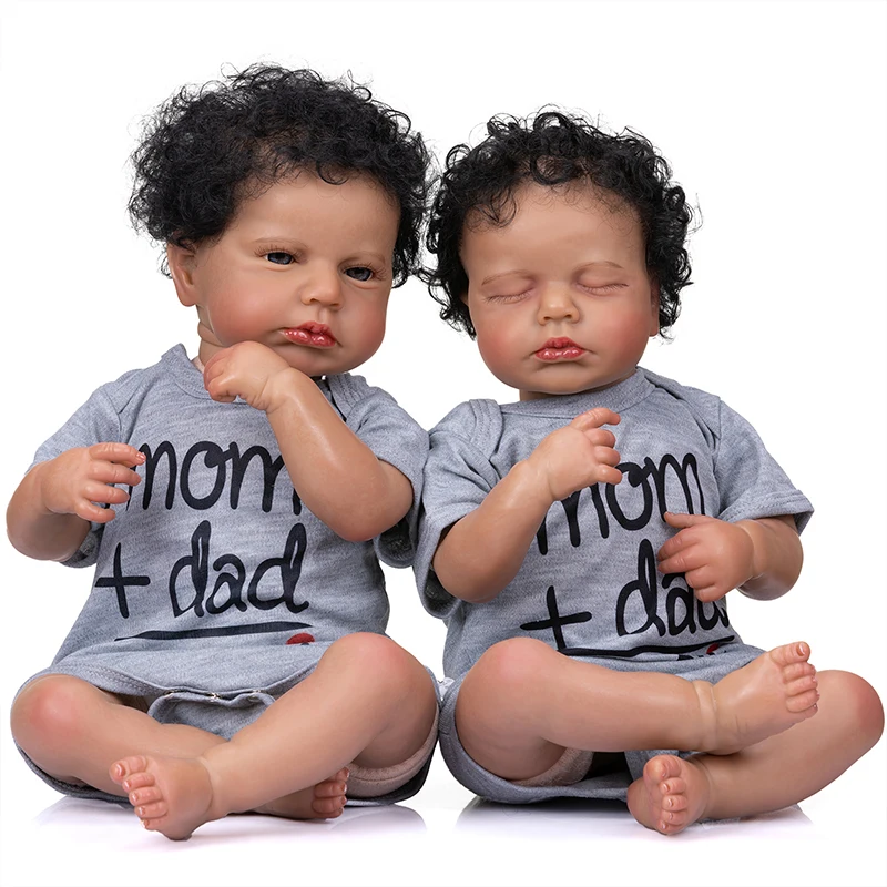 

50CM Reborn Baby Popular Loulou Sleeping&awake Dark Brown Skin Twins Newborn Baby Boy High Quality Handmade Doll