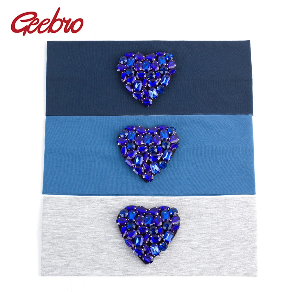 

Geebro Women Solid Color Soft Headband Cotton Royal Blue Heart Elastic Flat Hairband Girls Shine Rhinestones Hair Accessory