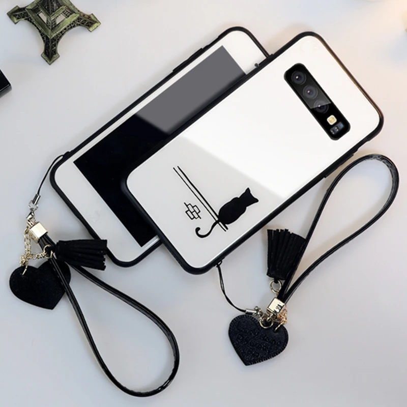 

Case & Strap For Samsung Galaxy note 10 Plus Case Glass Hard Cover For Samsung Galaxy note 10 Plus Simple cute cat lanyard funda