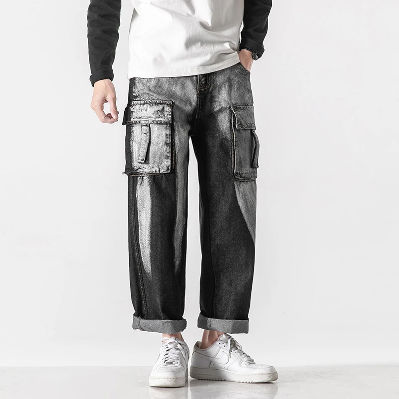 

KB New Men Japanese Fashion Brand Work Top Design Washed Jeans For Men Women Cargo Jeans Harlan Trousers Pants Inkjet Print