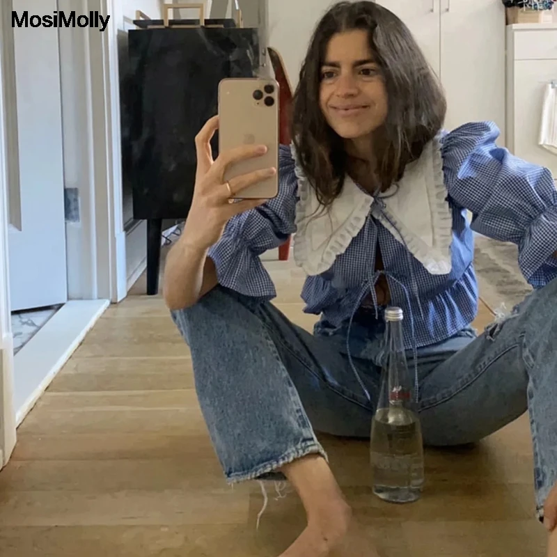 MosiMolly 2020 клетчатые модные хлопковые блузки рубашка с воротником-куклой хлопковая