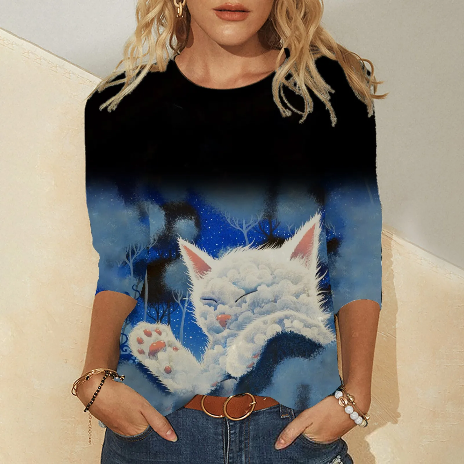 

New Spring Summer T Shirts Sweet Cute Cat T Shirt Fashion Women Clothes Casual Long Sleeve O-Neck Ladies 3D Printed Cotton Tops