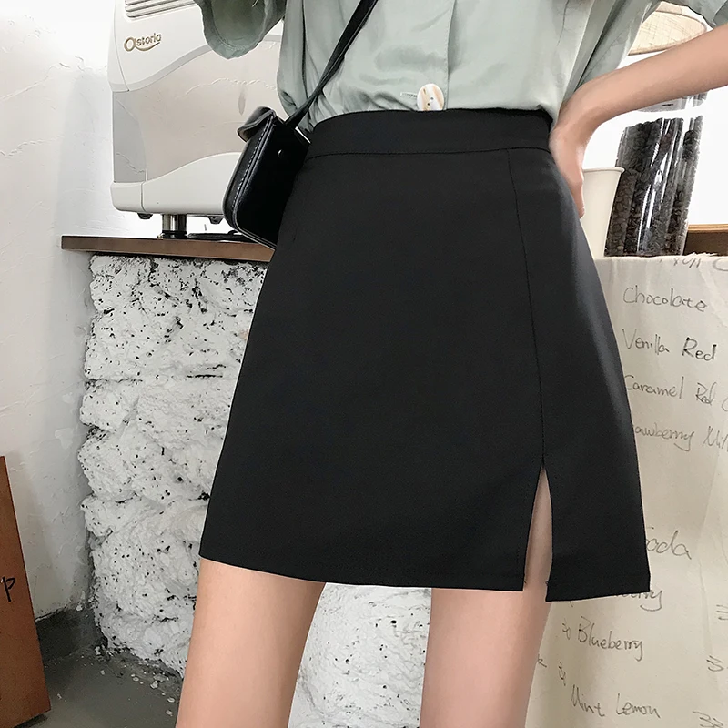 Юбка женская трапециевидная однотонная с высокой талией и разрезом | Женская