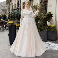 a line boat neck long sleeve wedding dresses 2021 lace appliques tulle plus size bridal gown with button back sweep train