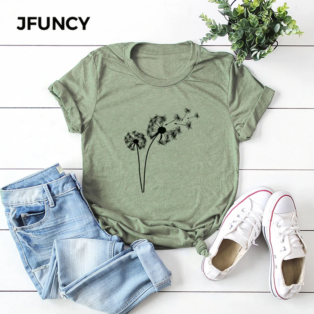 JFUNCY  Women T Shirt Dandelion Print Summer Tees Woman Tops Short Sleeve Casual T-shirts 100% Cotton Female Tshirt