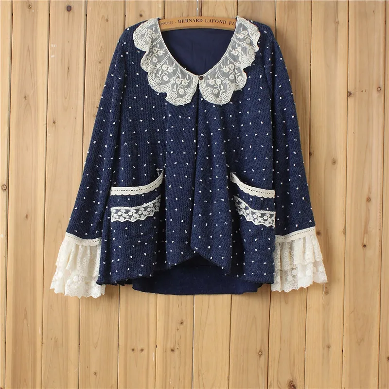 Кардиган женский оверсайз с кружевным воротником милая вязаная шерстяная куртка