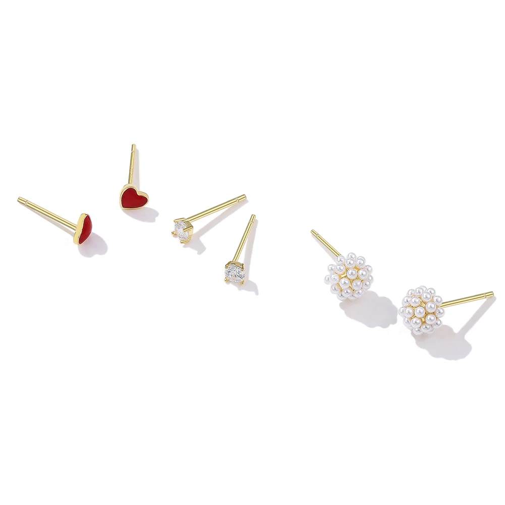 

CFK 100% 925 Sterling Zilver Voor Vrouwen Ronde Zirkoon Stud Oorbellen Rood Hart En Bal Parel Oorbellen Set Anniversary Sieraden