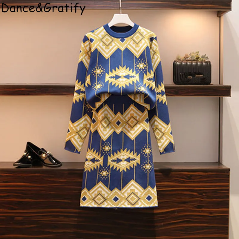 Женский жаккардовый костюм из 2 предметов подиумный комплект вязаного кроп топа