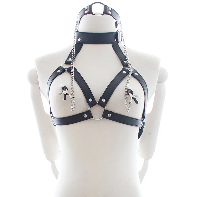 БДСМ фетиш кожаная нагрудная портупея бондаж ошейник для тела - Цена: 609.41