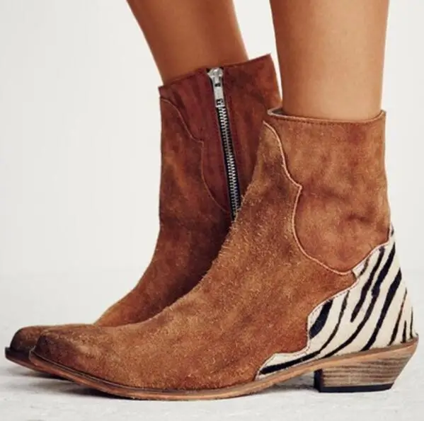 Женские зимние ботильоны из флока ботинки на плоской подошве с острым носком и