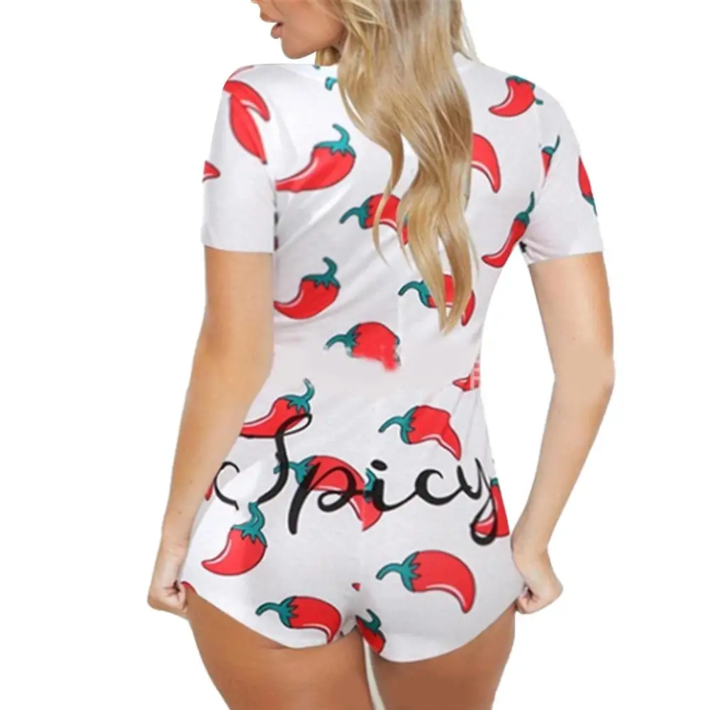 

Women Short Onesie2020 Sexy V Neck Chilli Crown Print Bodycon Bodysuit Romper Pajamas Sleepwear Plus Size Party Club 5 Colors