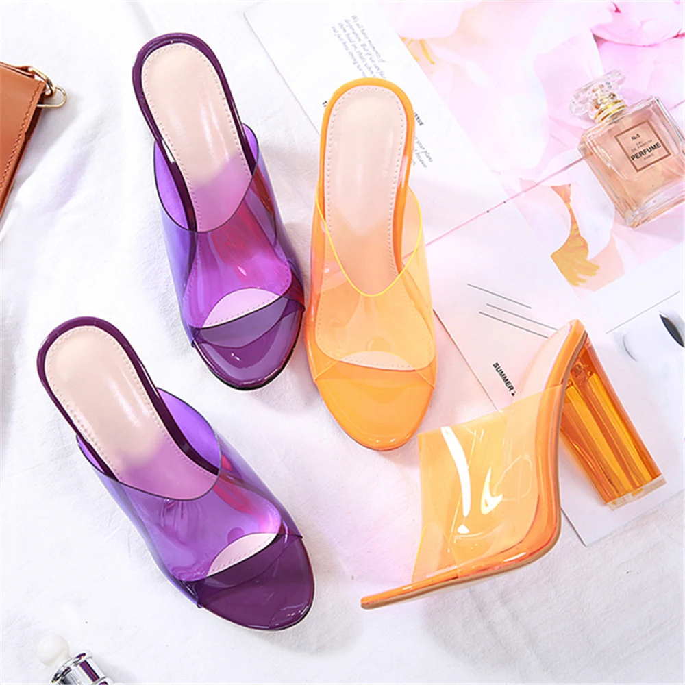 2020 Summer Women Crystal 11cm High Heels Mules Clear Block Plus Size 42 Slides ladyTransparent Peep Toe Slippers Fashion Shoes | Обувь
