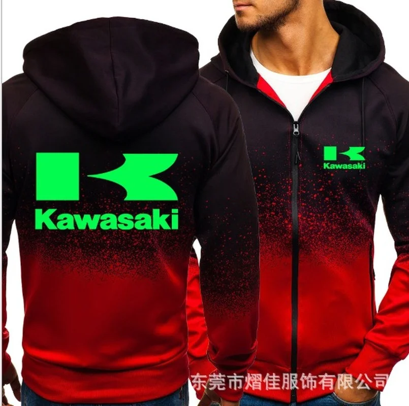 

iHoodies Men Kawasaki Car Logo Print Casual HipHop Harajuku Gradient color Hooded Fleece Sweatshirts zipper Jacket Man Clothin