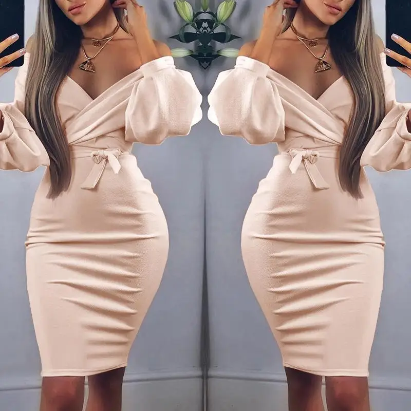 

Summer Women Elegant Solid Casual Bodycon Dress Female Plain Slim Fit Off Shoulder Twisted Waist Tie Sexy Midi Dress