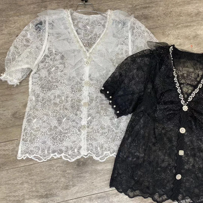 

VGH Casual Black Lace Patchwork Shirts For Women V Neck Puff Short Sleeve Perspective Blouses Female 2021 Summer Fashion Clothes
