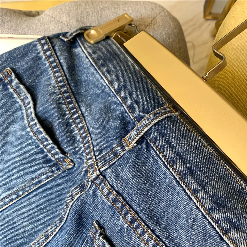 Женские джинсы скандинавские потертые синие с высокой талией | Женская одежда