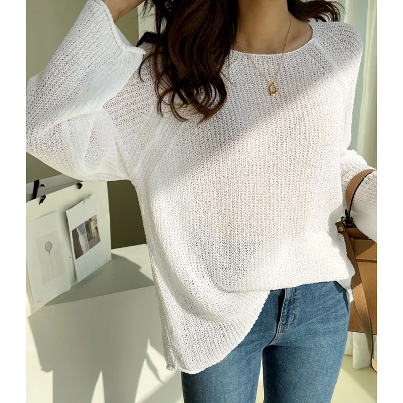 Свитер Женский вязаный с длинным рукавом однотонный Свободный пуловер в