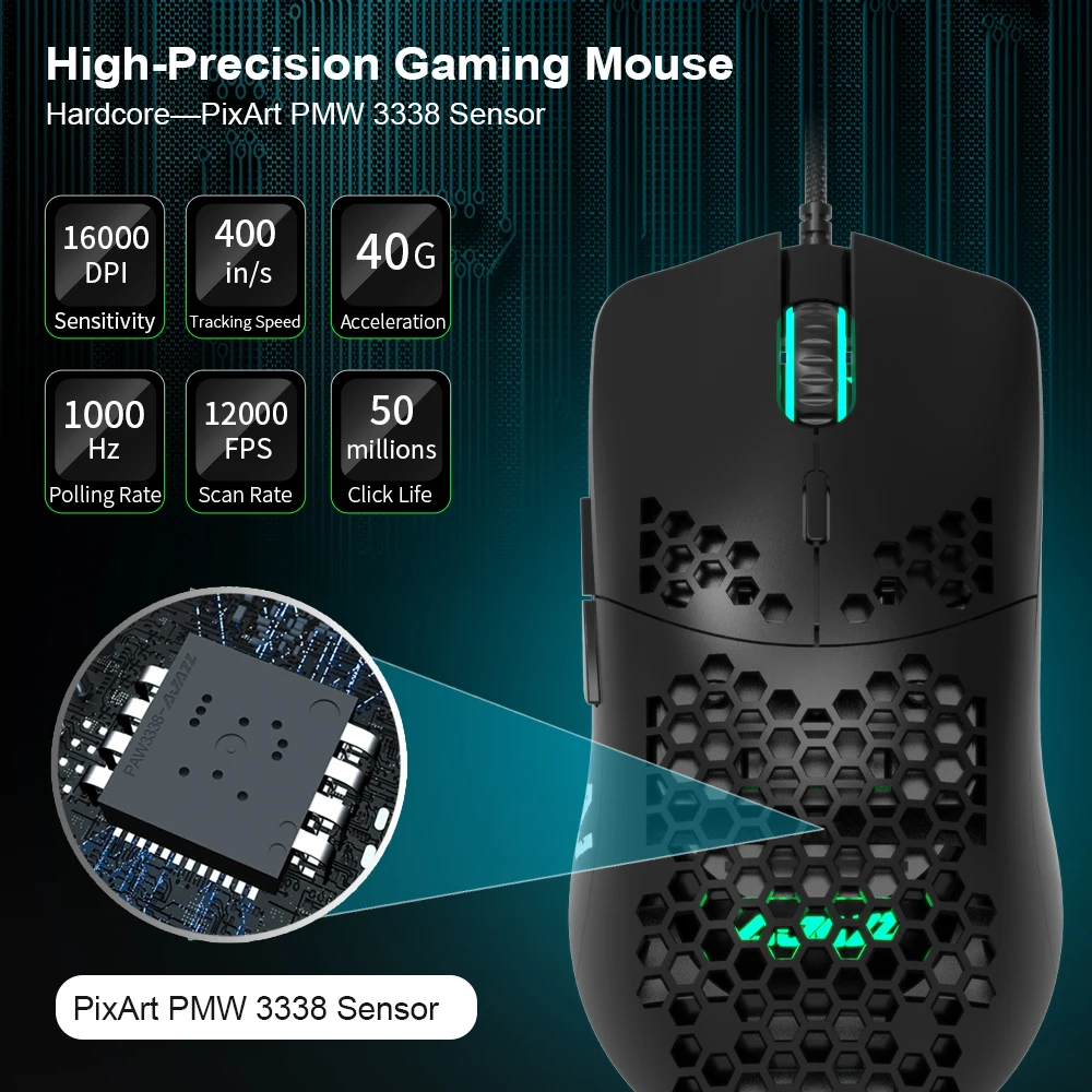 

Ajazz AJ390 Gaming Mouse 6 Colors LED Light 16000DPI Adjustable 7 Keys Honeycomb Hollow Design 69g Wired Mouse for computer
