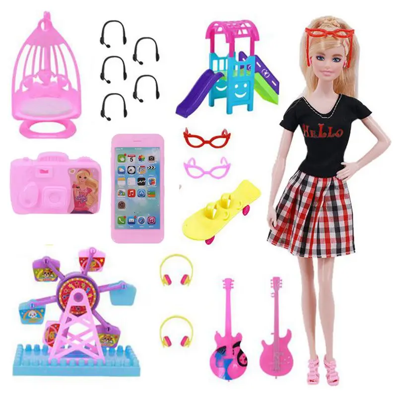 

Kids Toys 19 Items/Lot = Slide For Dolls Mini Children Camera Phone Glass Miniature Accessories For Barbie DIY Girl' Gifts Game