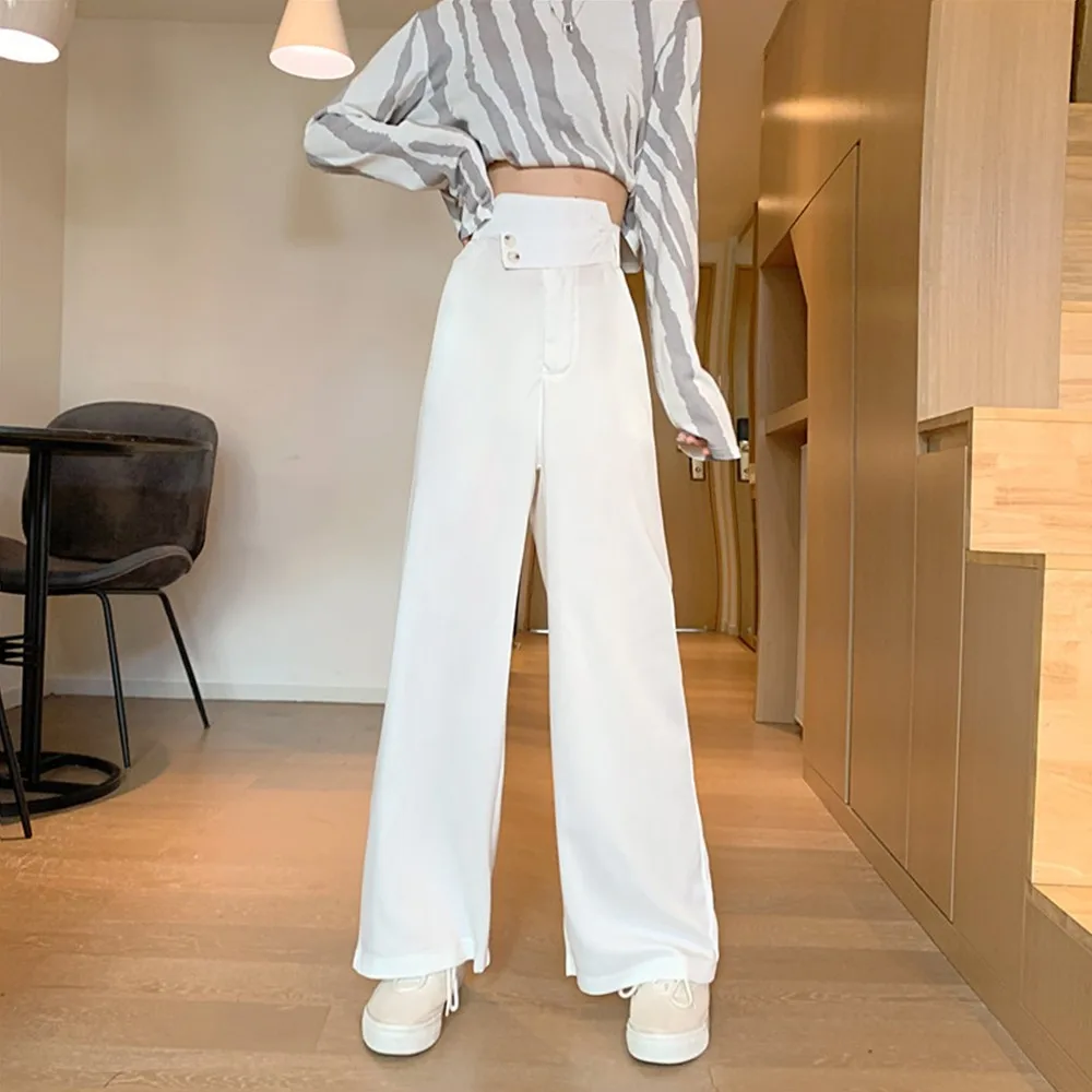 

High Waist Korean Ladies Long Pants Loose Style Minimalist Solid Color