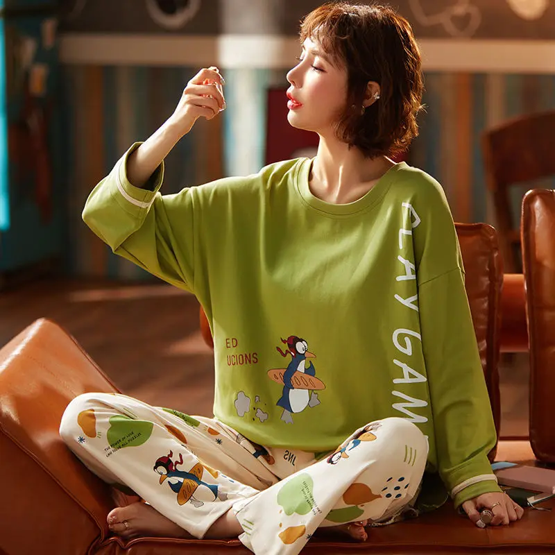 Women's Pajamas Spring and Autumn Models Cotton Long-sleeved Can Be Worn Outside Casual Home Wear Cotton Suit