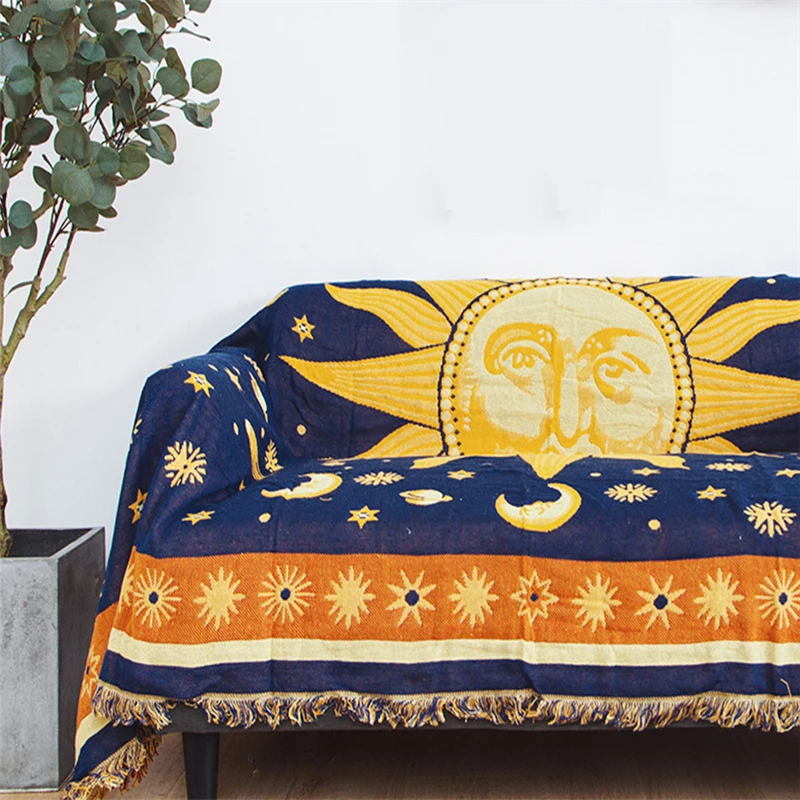 Американское винтажное жаккардовое вязаное одеяло Sun God с кисточкой Хлопковое