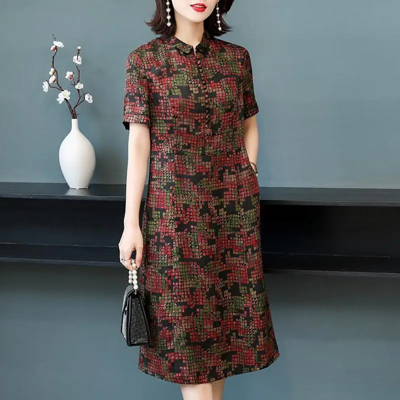 

Mom Wear Heavy Silk Dress Women's Big Brand 2020 New Summer Medium Length Printed Dress