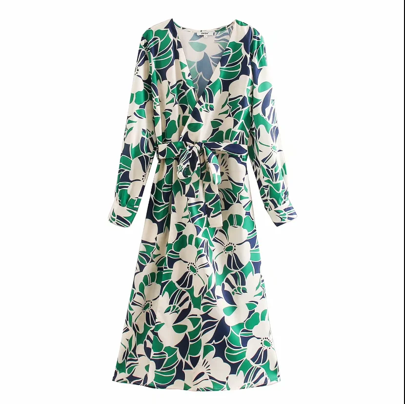 Женское платье миди с поясом и бантом элегантное цветочным принтом вечерние