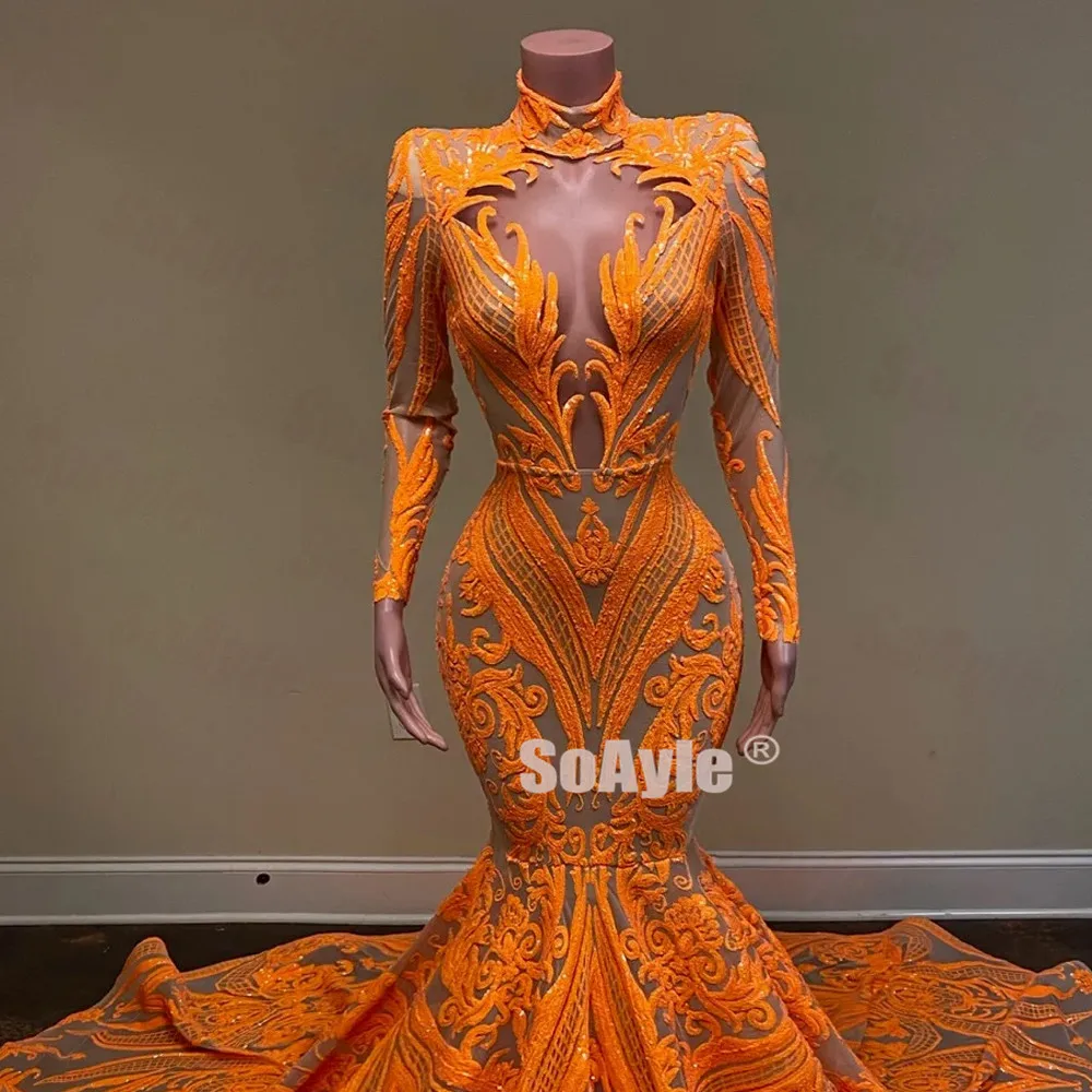 SoAyle Sexy Orange Sheer Neck 2020 Prom Dress long Sleeves Mermaid African Sequins Women's Prom Dresses
