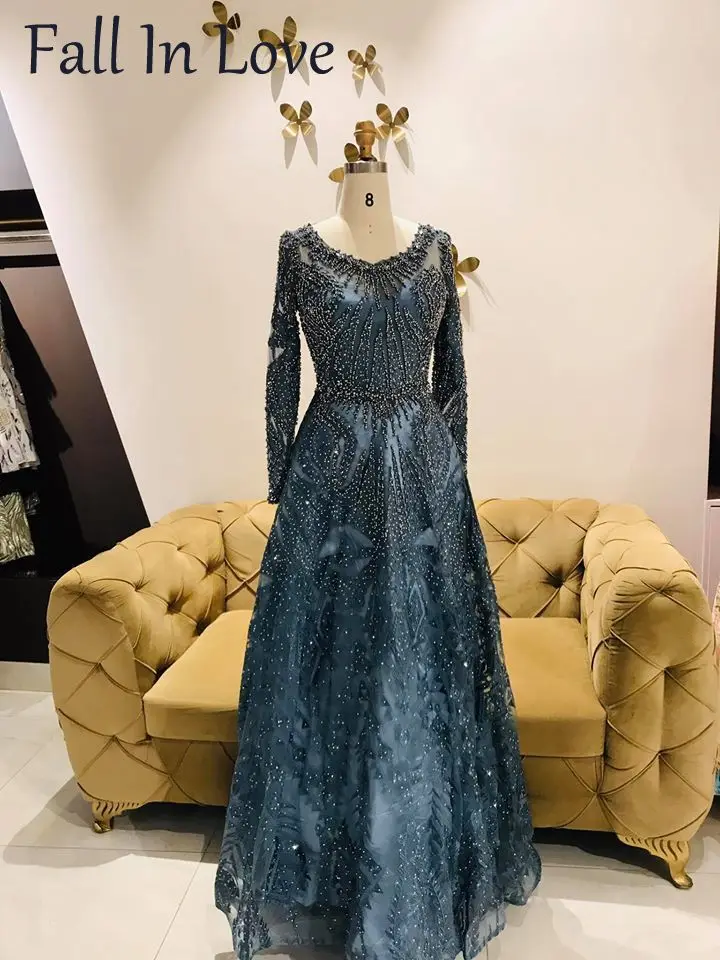 Длинные рукава синие вечерние платья 2020 Русалка Abendkleider мусульманское женское