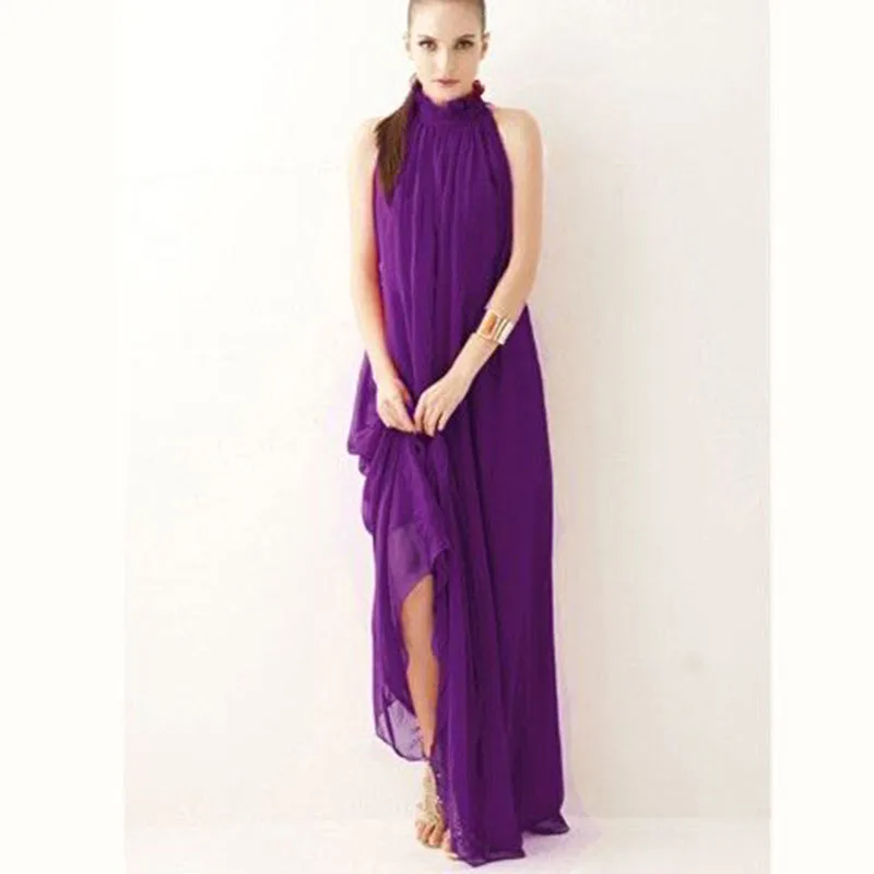 

2020 new fashion plus size casual women's bohemian long dress hanging neck stand collar chiffon solid color dress dress skirt