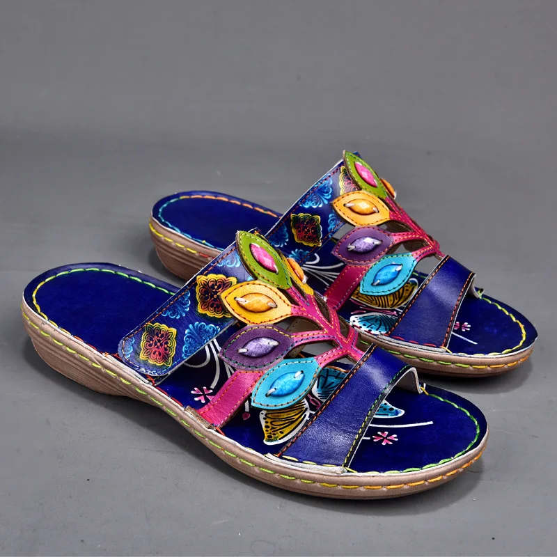 

Original 2020 Summer New Women Slippers Ethnic Soft Female Genuine Leather Slides Footwear Bohemian Comfortable Sandals Ladies