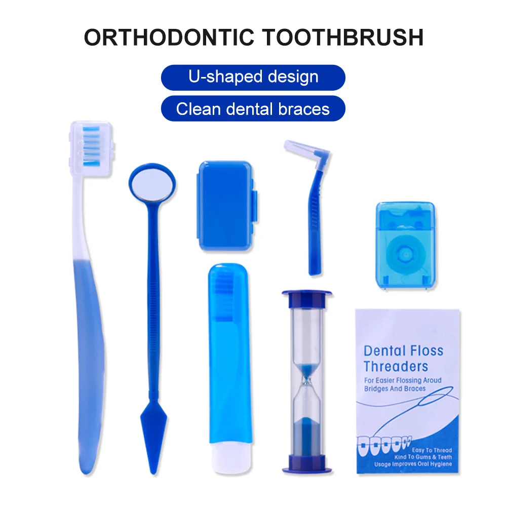 

8 Pieces of Tooth Cleaning Care Kit with Braces/foldable Toothbrush, Dental Mirror, Interdental Brush with Storage Box