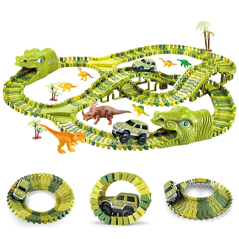 

Dinosaur Racing Tracks Rail Car Toys DIY Bend Flexible Race Track Flash Light Cars Railway Educational Toys for Boys Gifts