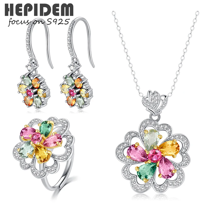 

HEPIDEM Rotate 100% Tourmaline 925 Sterling Silver Necklace Rings Earrings 2022 Women Red Stone Gem S925 Fine Jewelry Set 1419