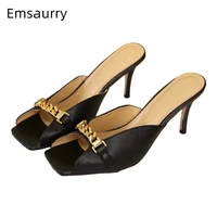 genuine leather square peep toe sandals for girls women thin high heel chains decor cut out slingbacks summer mules lady
