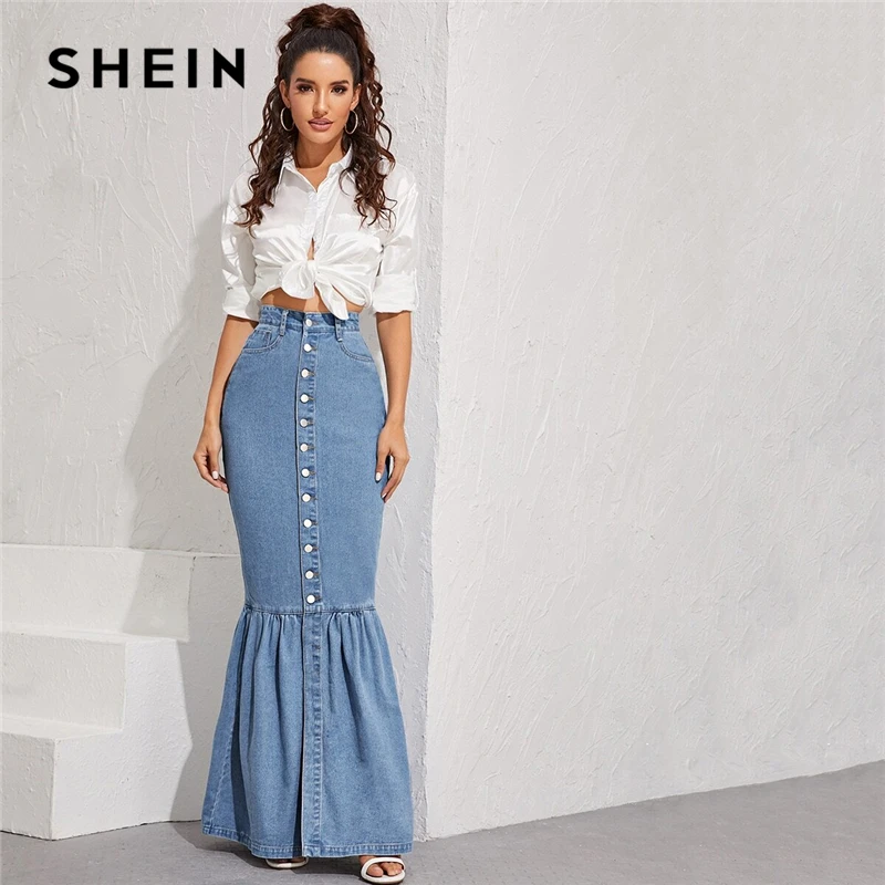 SHEIN, синяя джинсовая юбка макси с пуговицами спереди, рыбий хвост, Женская Осенняя юбка с карманами, высокая талия, вечерние, повседневные, облегающие, облегающие, Юбки Русалки
