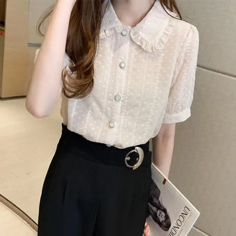 

Sweety Pure White Women Chiffon Blouses Turn-down Collar Button Up Female Fashion Shirts 2020 Summer Woman's Tops Blusas Femme
