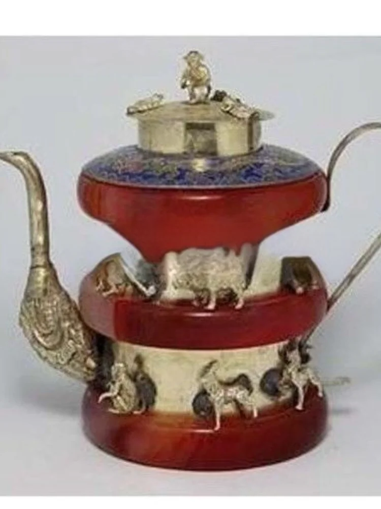 

Decoration Handmade Armoured silver red jasper 12 Animal teapot Tea Pot Handwork Statue Tibet Miao Antique Old Silver