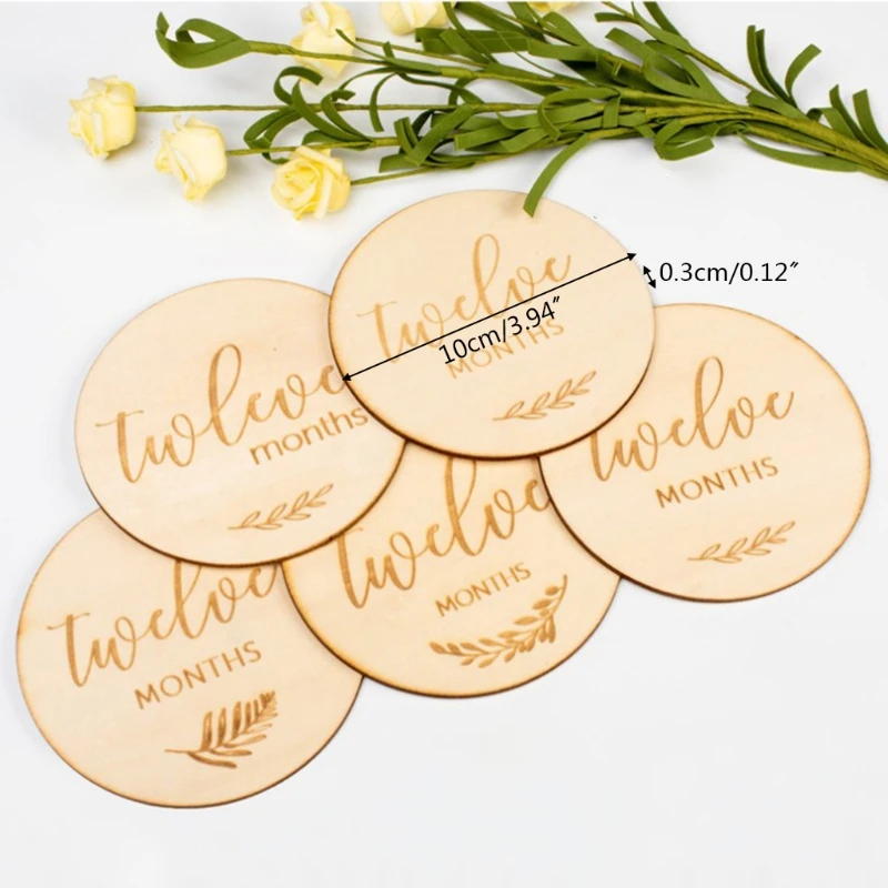 

12 Pcs Baby Milestone Cards Wooden Commemorate Baby Birth Monthly Recording Disc