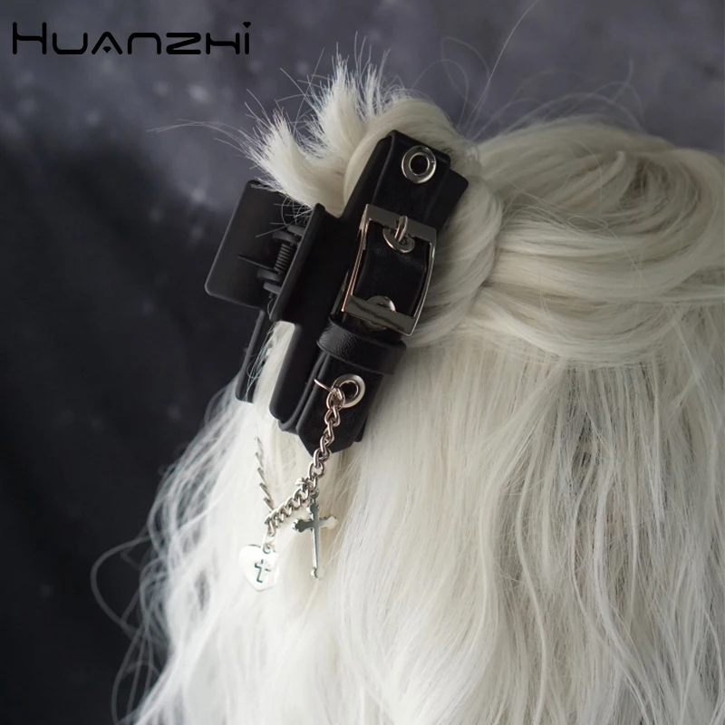 Gothic Belt Buckle Cross Heart Tassel Harajuku Rectangle Hair Clip Hairpin Accessories for Women HUANZHI 2021 NEW Shark Claw